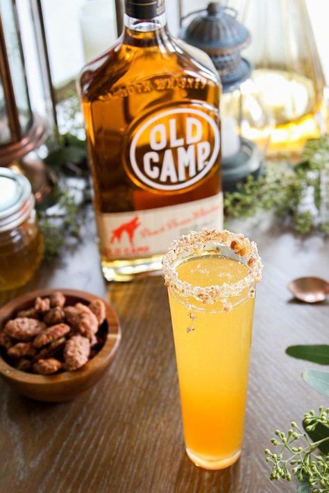 Old Camp Spring Sparkler Champagne and Whiskey Cocktail Camp Cocktails, Slow Cooker Candy, Cocktail Recipes Whiskey, Whiskey Recipes, Whiskey Cocktail, Pecan Pralines, Alcoholic Drink, Peach Juice, Summer Cocktail Recipes