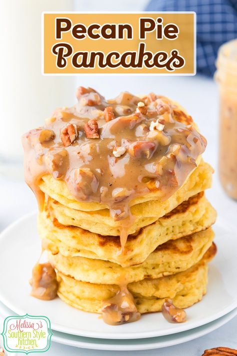 Serve these Pecan Pie Pancakes smothered with a homemade pecan pie sauce for breakfast, brunch or dessert #pancakes #pancakesrecipe #pecanpierecipe #pecanpiesauce #pecanpralines #southernpecanpie #buttermilkpancakes via @melissasssk Pecan Pie Sauce, Fall Pancakes, Pineapple Upside Down Pancakes, Recipe For Pecan Pie, Dessert Pancakes, Fall Yummies, Fluffy Buttermilk Pancakes, Pecan Pancakes, Blueberry Buttermilk Pancakes