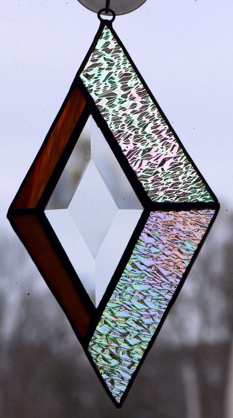 Stained Glass Diamond Decoration With Iridized Textured Glass - Etsy Canada Bevel Stained Glass Patterns, Art Deco Stained Glass Patterns Simple, Stained Glass Bevel Projects, Stained Glass Diamond, Stained Glass With Bevels, Fused Glass Panel Ideas, Stained Glass Gifts Ideas, Simple Stained Glass Designs, Beginner Stained Glass Patterns Free