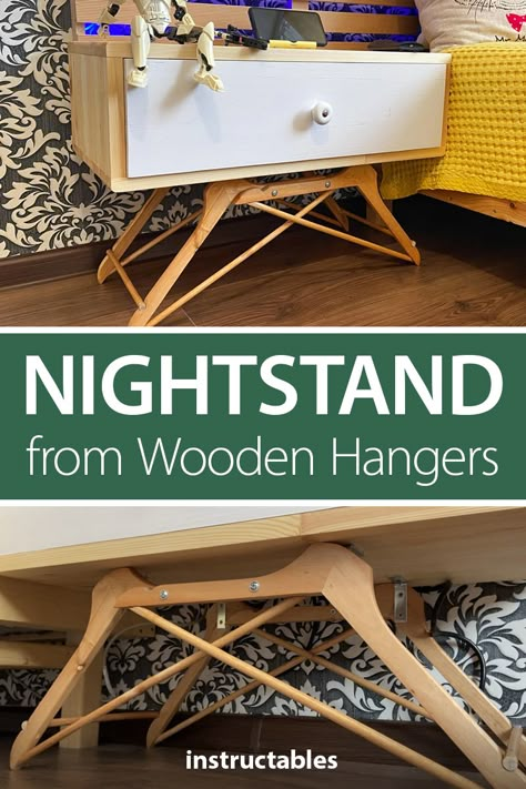 This unique nightstand has legs made from wooden hangers. #Instructables #workshop #woodworking #woodshop #furniture Furniture Leg Ideas Diy, Furniture Legs Ideas Upcycle, Unique Table Legs Ideas, Diy Legs For Furniture, Wooden Hangers Ideas Diy Crafts, Wooden Hangers Ideas, Table Legs Ideas Wooden Diy, Furniture Legs Ideas, Diy Furniture Legs Ideas