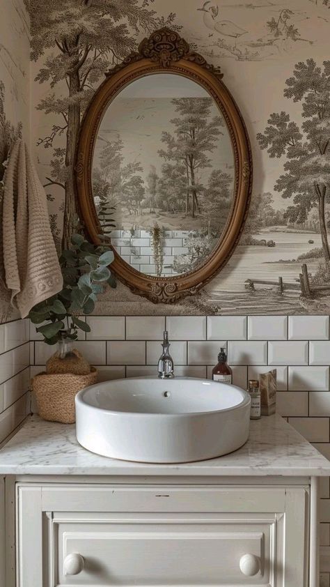 Vanity In Hallway, French Country Guest Bathroom, Small French Country Bathroom, French Powder Room, English Country Bathroom, Vintage Bathroom Wallpaper, Clawfoot Tub Ideas, Cottage Core Bathroom, Mint Green Room