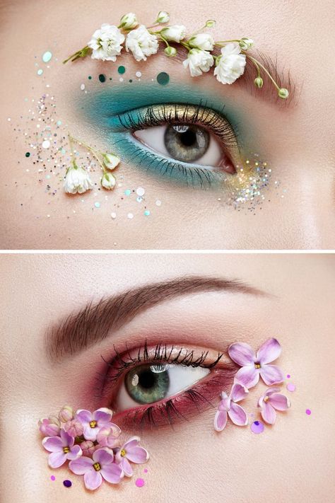 eye makeup with decorative flowers Purple Flower Makeup Looks, Floral Makeup Aesthetic, Flower Halloween Makeup, Flowers Eye Makeup, Flower Fairy Makeup Ideas, Flower Petal Makeup, Fairy Garden Makeup, Flower Make Up, Wildflower Makeup