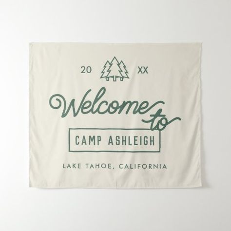 Adventure Camp Bachelorette Tapestry for $41.25 - Bachelorette Craft Birthday Cabin Trip Decorations, Up North Bachelorette Party, Camp Bachelorette Decor, Camp Bachelorette Party Decorations, Cozy Bachelorette Party, Cabin Bachelorette Party Ideas, Mountains Bachelorette, Camp Bachelorette Theme, Camp Backdrop