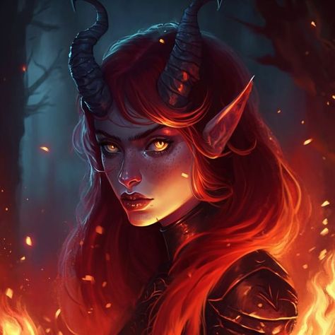 Red Haired Tiefling Female, Dnd Bhaalspawn, Tiefling Red Hair, Tiefling Female Names, Fire Woman Art, Female Tiefling Rogue, Tiefling Warlock Female, Orange Tiefling, Tiefling Druid Female