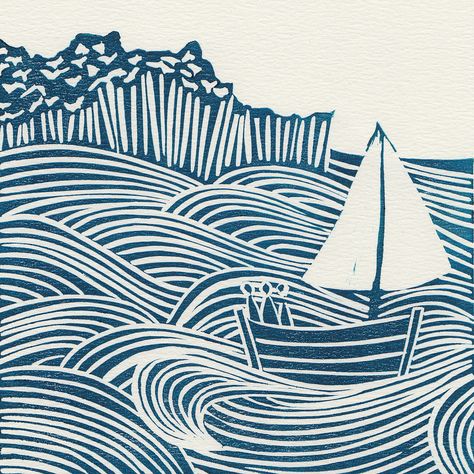 'Sea Days'. Limited edition linocut print. My linocut prints are inspired by nature; my love of gardening and the great British countryside. My interest in 1950s textiles and ceramics also influences much of my work. I love exploring the countryside by bike or on foot, camera in hand, capturing ideas for my next prints. www.michellehughes.co.uk Linoleum Print, Linocut Printmaking, Lino Art, Linocut Art, Woodcuts Prints, Print Ideas, Beach Crafts, Sgraffito, Coastal Art