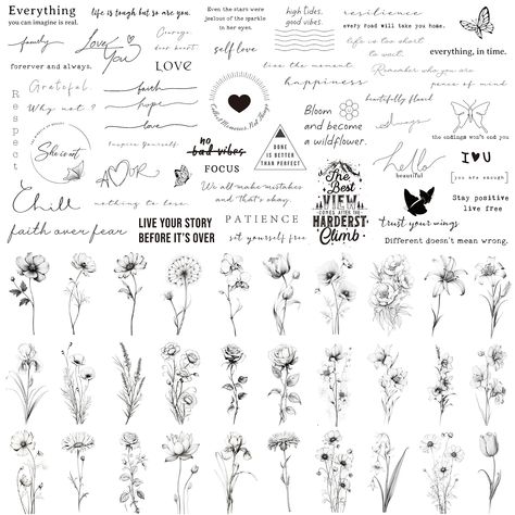 Esland Realistic Temporary Tattoos - 60 Sheets Small Fake Tattoos, 30 Pcs Meaningful Scripts Words Tattoos, 30 Pcs Line Art Wild Flower Nature Tattoo Stickers for Women and Men Flower Nature Tattoo, Realistic Temporary Tattoos, Cursive Words, Nature Tattoo, Script Words, Forearm Tattoo Women, Different Tattoos, Bee Tattoo, Minimalist Flowers