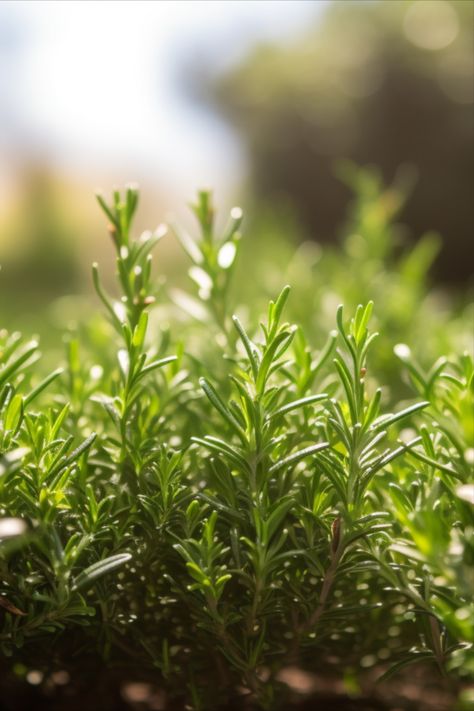 This is a photo of a rosemary plant. Rosemary is an aromatic evergreen shrub with fragrant, needle-like leaves. Its woody scent is perfect for enhancing savory dishes, such as roasted potatoes, meats, and soups. Rosemary has minimal care requirements and only needs to be watered occasionally. Rosemary Aesthetic, How To Grow Rosemary, Grow Rosemary, Plants Tattoo, Plant Bedroom, Plant Tattoos, Rosemary Herb, Rosemary Water, Plant Based Recipe