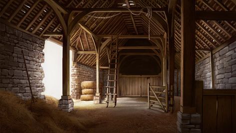 ArtStation - Medieval Barn Concept Medieval Farmhouse, Medieval Stable, Medieval Farm, Medieval Barracks, Medieval Training Grounds, Medieval Horse Stable, Medieval Horse, Interior Concept Art, Barn House Interior