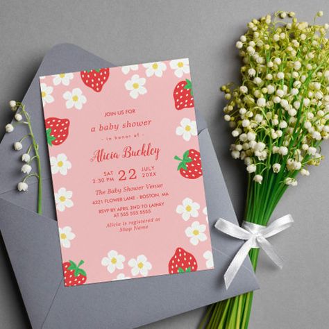 Strawberry Flowers Birthday Party Invitation | Zazzle Strawberry Shortcake Baby Shower Theme Invitations, Strawberry Shortcake Baby Shower Invites, Strawberry Baby Shower Invitations, Strawberry Theme Baby Shower Ideas, Strawberry Invitations, Strawberry Baby Shower Theme, Green Strawberries, Flowers Birthday Party, Berry Birthday