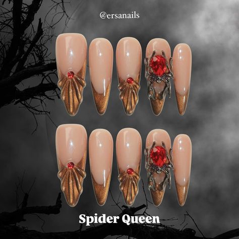 ‧₊˚��🕷‧₊˚SPIDER QUEEN‧₊˚🕷‧₊˚ This stunning set features a deep brown cat-eye French design that exudes sophistication and mystery.🖤 Adorned with a captivating spider embellishment on the ring finger and accented with striking red rhinestones, these nails are perfect for those looking to make a bold statement this Halloween.🎃 Shop now on ersanails.com 🕷️ #pressons #spidernails #halloweennails Witches Party, Elite Nails, Spider Queen, Nails Luxury, Witch Party, Gothic Elegance, Dark Magic, Hello Kitty Nails, Witching Hour