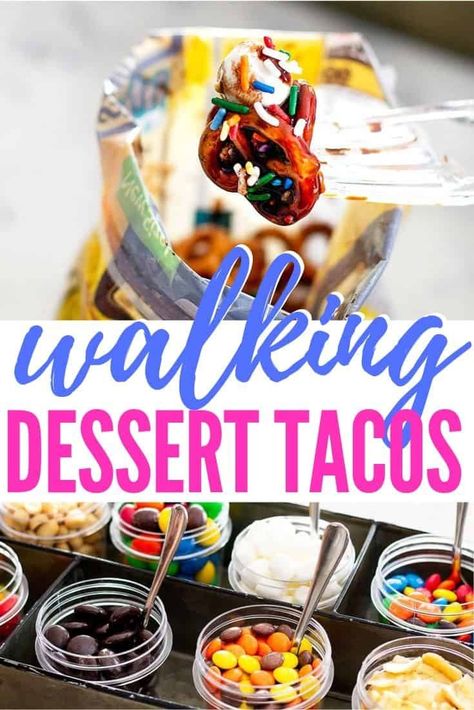 Walking Dessert Tacos are a chance to take your sweet snacking on the go. Less mess and you enjoy your sweet treat while mingling with your friends! #walkingtacos #walkingsmores #portabledesserts #Snackmix #foracrowd #bar #recipe #videos #inabag #party #camping #dessert Dessert Walking Taco, Walking Dessert Tacos, Taco Party Desserts, Walking Dessert Bar, Taco Party Dessert Ideas, Walking Taco Bar Party, Taco Dessert Ideas, Dessert Taco Bar, Walking Snacks