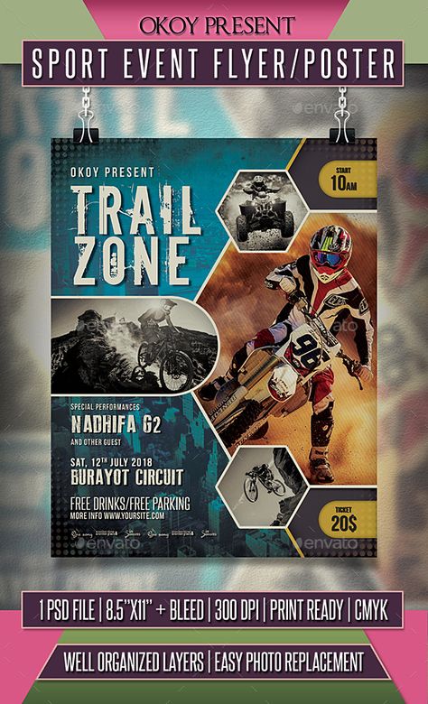 Sport Event Flyer / Poster Sports Festival Poster, Sport Event Poster, Typography Flyer, Red Skateboard, Green Grunge, Music Club, Poster Template Design, Moto Cross, Brochure Layout