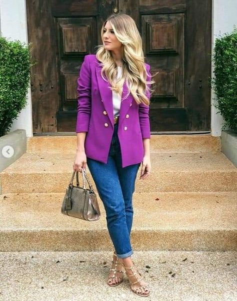 Ceo Style, How To Wear Blazers, Blazer Outfits Casual, Purple Blazer, Celebrity Casual Outfits, Color Combinations For Clothes, Bright Winter, Moda Chic, Summer Work