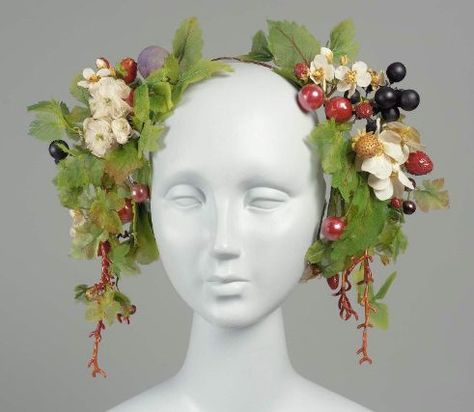 Made in Paris, mid-19th century. Headdress on wire with pendant masses of artificial cherries, strawberries, grapes, plums, blossoms, leaves and coral at each end of wire Headdress, Boston, Flowers, White