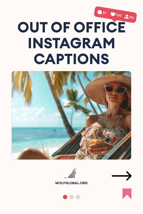 Woman relaxing in hammock with drink, tropical backdrop, "Out of Office Instagram Captions" text overlay.
Graphic with playful vacation-themed checklist and a button saying "GET 100+ MORE" from WOLFGLOBAL.ORG.
Woman with laptop surrounded by social media icons promoting an Instagram engagement pod service. Work Trip Captions, Out Of Office Quotes Vacation, Out Of Office Quotes, Captions Vacation, Out Of Office Reply, Party Captions, Out Of Office Message, Vacation Captions, Beach Captions