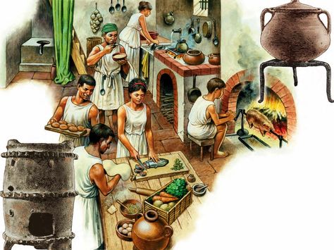 Roman kitchen.  Double click on image to ENLARGE. Roman Kitchen, Ancient Roman Houses, Ancient Roman Architecture, Roman House, Roman Britain, Roman City, Roman History, Roman Art, Historical Art