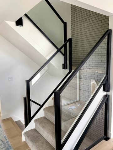 Black Element Glass Railing - Sandy, UT | Glass Railing for Decks Railing For Decks, Picket Railing, Glass Staircase Railing, Glass Railing Stairs, Black Railing, Glass Handrail, Indoor Railing, Stair Kits, Vinyl Railing