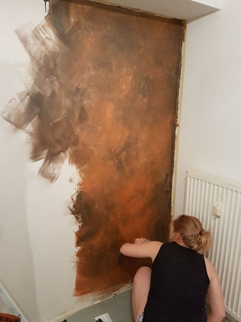 Rust Effect Wall, Rust Painting Technique, Rust Limewash Wall, Rust Color Living Room Ideas, Colorwash Walls Painting Techniques, Rust Kitchen Walls, Rust Wall Paint, Rusty Paint Color, Distressed Wall Painting Techniques