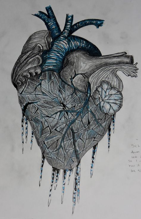 #tattooideas #tattoodesigns #hearts #brokenhearts #shatteredheart #anatomy #graphite #coloredpencil #icicles #frozen #blackandblue #blackandgrey Frozen Heart Drawing, Ice Heart Drawing, Cold Hearted Drawing, Cold Hearted Tattoo Ideas, Frozen Heart Tattoo, Heart On Ice Tattoo, Cold Heart Tattoo, Ice Tattoo, Portraits Tattoo