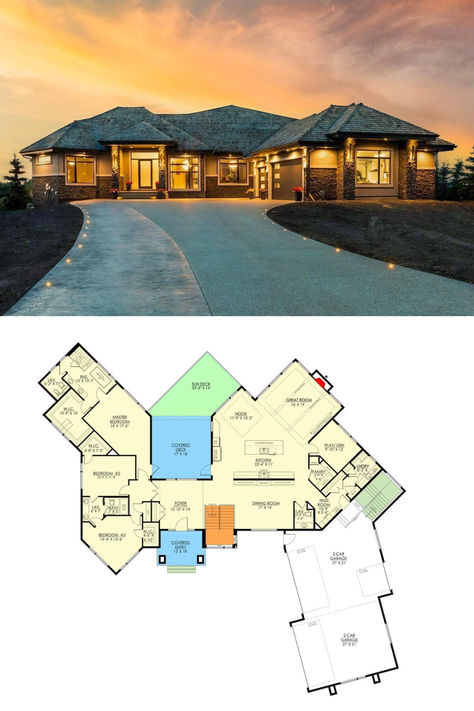 Single-Story 5-Bedroom Mountain Craftsman for a Wide Lot with Courtyard Entry Garage and Optional Walkout Basement (Floor Plan) Bedroom Mountain, Mountain Craftsman, Courtyard Entry, Southern Traditional, Basement Floor Plans, Basement Plans, Garage Floor Plans, Single Story Homes, European Farmhouse