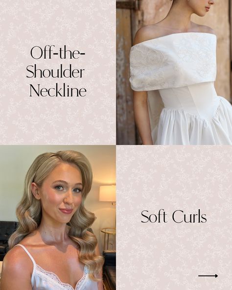 Perfect Hairstyles for Every Wedding Dress Neckline ✨ Complete your wedding look with the perfect hairstyle to complement your gown! Here’s some inspiration: 🤍 High Neckline: A sleek updo or a low bun creates a clean and elegant look that balances the high neckline. 🤍 Sweetheart Neckline: A romantic half-up/half-down style with soft curls adds a touch of whimsy and complements the sweetheart shape. 🤍 Off-the-Shoulder Neckline: Show off those delicate shoulders with a romantic updo or cas... Wedding Dress Neckline, Romantic Updo, Sleek Updo, Perfect Hairstyle, Low Bun, Soft Curls, Necklines For Dresses, Wedding Look, Half Up Half Down