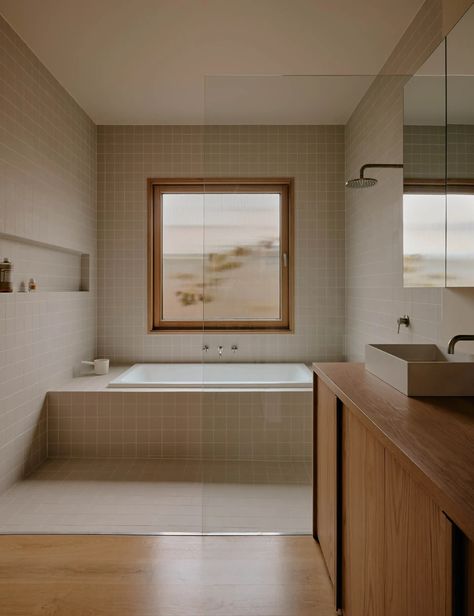 Renovation Diaries: Inside Art Director Annie Portelli’s Bathroom Wallpapers In Bathroom, Bath Near Window, No Window In Bathroom, Bathroom Ideas Vintage Modern, Large Window Bathroom, Built In Tub Ideas, Minimalist Master Bath Ideas, Art Deco Renovation, Family Bathroom Inspiration