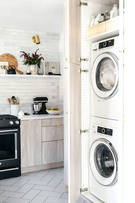 Dated Kitchen, Sage Kitchen, Tall Kitchen Cabinets, Laundry Room Storage Shelves, Vintage Laundry Room, Small Laundry Room Organization, Stackable Washer And Dryer, Brooklyn Apartment, Laundry Closet