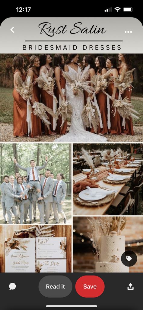 Rust Coloured Wedding, Grey Suit Rust Tie, Rusty Bridesmaid Dress, Rusty Red Bridesmaid Dresses, Cooper Wedding Theme, Satin Rust Bridesmaid Dresses, Grey And Rust Wedding, Grey And Terracotta Wedding, Rust And Grey Wedding