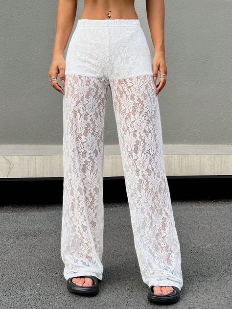 White Sexy Collar  Polyester Colorblock,Plain Straight Leg Embellished Slight Stretch  Women Clothing Lace Pants Outfit, White Lace Pants, Virtual Angel, Pink Hair Accessories, Women Summer Fashion, Lace Pants, Elegant Dresses Long, 80 Dress, Dress Cover