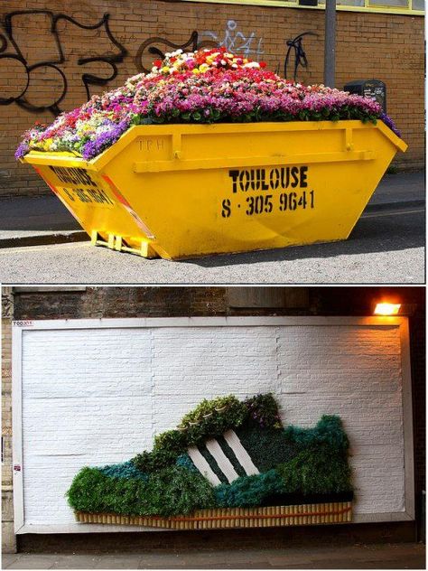 These guerilla gardening installations are part of a large advertisement plan by Adidas. More interesting than most adverts! Green Advertising, Guerilla Gardening, Guerilla Art, Guerrilla Gardening, Street Installation, Green Street, Guerilla Marketing, Street Art Graffiti, Outdoor Art