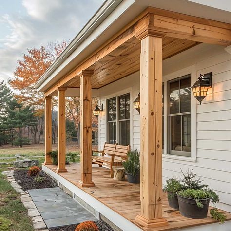 9+ Minimalist Front Porch Columns Ideas for a Clean Design • 333k+ Inspiring Lifestyle Ideas White And Wood Front Porch, Home Side Entrance Ideas, Front Porch Post Stain Colors, White And Natural Wood Exterior, Wood Beams Front Porch Farmhouse, Wooden Front Porch Columns, Stained Posts On Front Porch, Wooden Beam Porch, Front Stoops Ideas