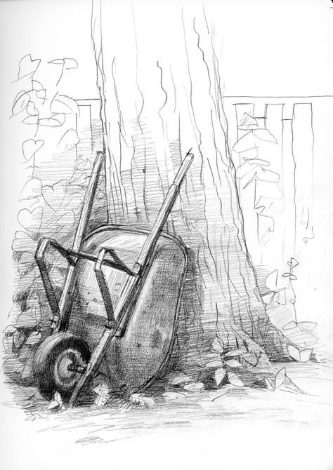 Wheelbarrow and oak Shari Blaukopf, The Sketchbook, Urban Sketch, Andrew Wyeth, Oak Tree, Reference Images, In The Mood, Simple Shapes, The Mood