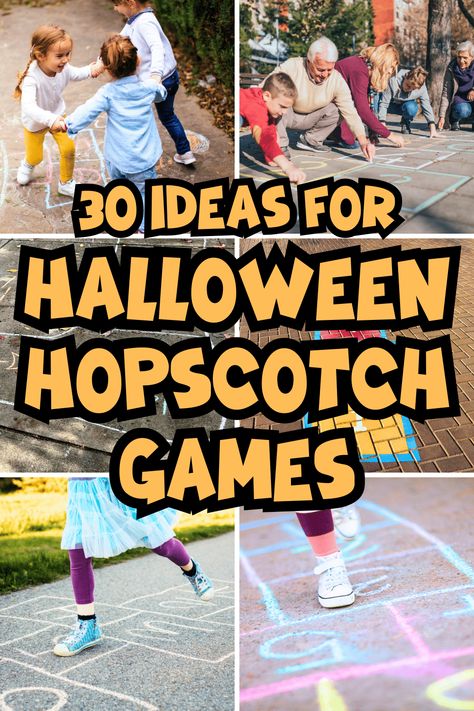 Halloween Driveway Games, Halloween Games For Trick Or Treaters, Halloween Bean Bag Toss Game, School Trick Or Treat Stations, Halloween Sidewalk Chalk Obstacle Course, Halloween Chalk Obstacle Course, Halloween Hopscotch, Halloween Obstacle Course Kids, Hopscotch Ideas Sidewalk Chalk