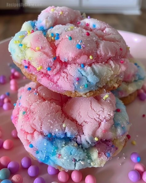 Cotton Candy Cookies - Fun and Whimsical Sweet Treats - Recipes By Clare Pink Sprinkle Cookies, Pink Crinkle Cookies, Cotton Candy Crumbl Cookie, Baking With Candy, Pink And Purple Cookies, Cotton Candy Frosting, Cotton Candy Gushers, Sweet Deserts Ideas, Whimsical Food Ideas