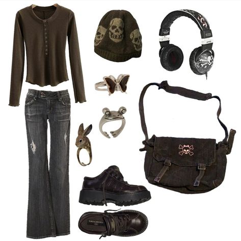 Y2k, grunge, headphones, messenger bag, rabbit ring, Fairy Grunge Headphones, Outfit Ideas Headphones, Y3k Grunge Outfits, Fairy Grunge Outfit Inspo For School, Fall Outfits Y2k Grunge, Y2k Grunge Outfits For School, Outfit Ideas With Headphones, 2010 Grunge Outfits, Grunge Outfits Layout