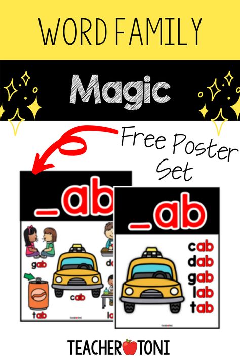 Word families may seem insignificant and boring, but there's magic in them! Your primary students, especially the ones struggling to become readers, can benefit from learning word families. Here are four strategies to unleash their magic in your classroom PLUS a free set of word family posters! #primary #literacy #wordfamilies #strategies Word Family Posters Free, Word Family Posters, Letter Sound Fluency, Teaching Child To Read, Word Symbols, Nursery Rhymes Activities, Three Letter Words, Spelling Patterns, Phonics Instruction