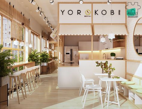 YOROKOBI- BAKERY CAFE on Behance Japanese Cafe Interior, Japanese Coffee Shop, Japanese Restaurant Design, Japanese Coffee, Cafe Exterior, Korean Cafe, Study Cafe, Bakery Interior, Bakery Design Interior