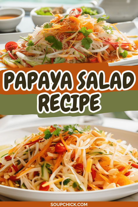 Papaya Salad Recipe Thai Green Papaya Salad Recipe, Papaya Salad Recipe, Broccoli Salad With Raisins, Papaya Recipes, Ripe Papaya, Green Papaya Salad, Mushroom Salad, Green Papaya, Papaya Salad