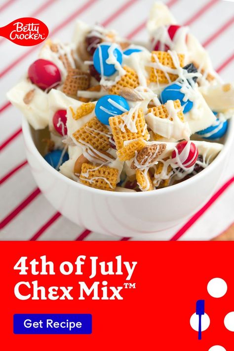 chex mix recipe, homemade chex mix recipe, holiday chex mix recipe, fourth of july recipes, easy fourth of july recipes, red white and blue recipes, holiday party, family gatherings, betty crocker recipes Chex Mix Snacks, Homemade Chex Mix Recipe, Christmas Snack Mix, Chex Mix Christmas, Homemade Chex Mix, Betty Crocker Recipes, Patriotic Food, Independence Day Celebration, Candy Bark