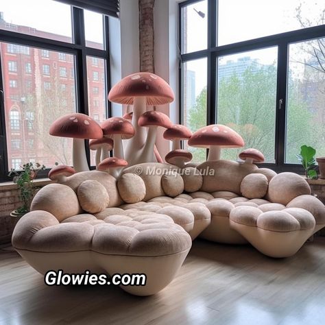 Mushroom Core Aesthetic Room, Mushroom Furniture Design, Mushroom Astethic Room, Obscure Furniture, Mushroom Couch, Cottagecore Mushroom Aesthetic Room, Backyard Seating Area, Unusual Furniture, Cute Diy Room Decor