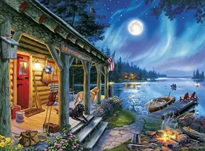 Darrell Bush Moonlight Lodge Round Lake, Buffalo Games, Moonlit Sky, New Puzzle, National Art, 1000 Piece Jigsaw Puzzles, 5d Diamond Painting, Great Pictures, Puzzle Game