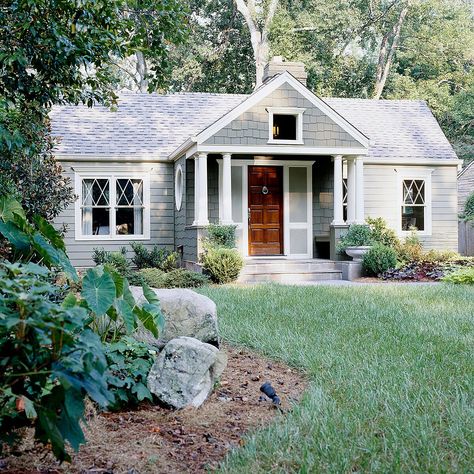 Slide 34: After: Restored Beauty Front Landscape Ideas, Front Door Ideas Entrance, Wood Doors White Trim, Grey House White Trim, Exterior Paint Colours, Grey Exterior House Colors, Front Door Ideas, Front Landscape, Ranch House Exterior