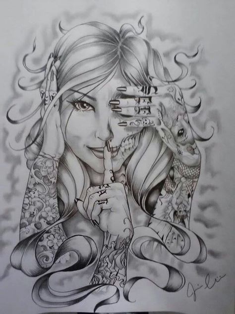 Hear Nothing,  Say Nothing,  See Nothing ♡. Great tattoo idea! Evil Drawings, Drawings Of Women, No Evil Tattoo, See Tattoo, Evil Tattoo, Evil Tattoos, Chicano Tattoos, Lowrider Art, Fu Dog