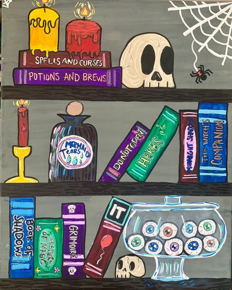 Painting Ideas For Office Canvases, Fall Posca Art, Halloween Bookshelf Painting, Spooky Paint And Sip, Spooky Bookshelf Painting, Easy Big Painting Ideas, Fun Canvas Paintings, Book Canvas Painting, Halloween Painting Ideas On Canvas Easy