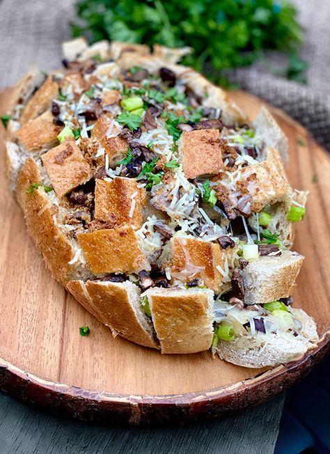 Mushroom and Swiss Pull Apart Bread Mushroom And Swiss Sliders, Mushroom Bread Appetizer, Bacon Mushroom Swiss Cheese Meatloaf, Loaf Sourdough Bread, Best Mushroom Swiss Burger Recipe, Easy Mushroom Swiss Burger, Mushroom And Swiss, Cheese Pull Apart, Breaded Mushrooms