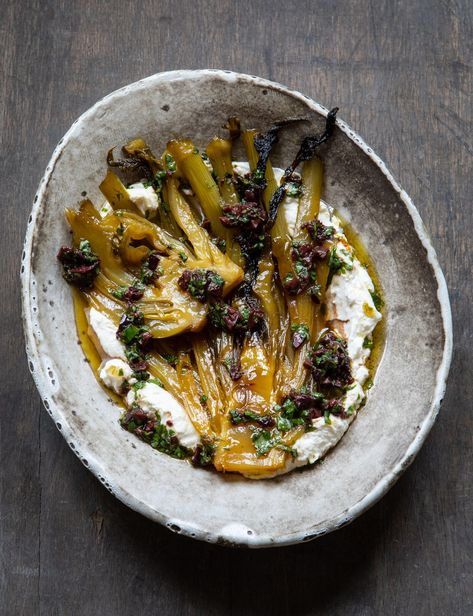 Saffron-braised fennel, preserved lemon labneh and black olive salsa | House & Garden Lemon Labneh, Olive Salsa, Braised Fennel, Yogurt Drink, Preserved Lemon, Peanut Butter Banana Smoothie, Banana Peanut Butter, Preserved Lemons, Smoothie Ingredients