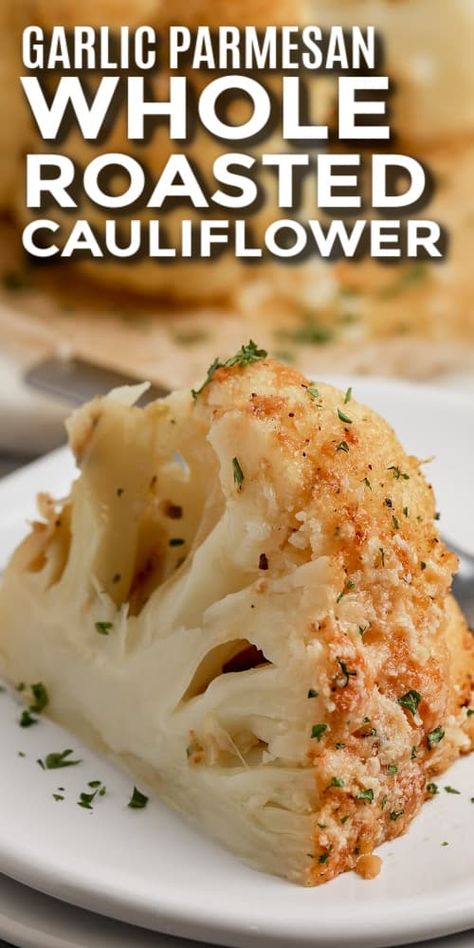 Make this easy whole roasted cauliflower with parmesan cheese for a spectacular-looking side dish that is sure to get attention! This tasty cauliflower dish is low carb and totally delish baked in the oven. With lemon, garlic, butter, parmesan cheese, and seasoning, it's savory, hearty, and perfect for a big family dinner. #wholeroastedcauliflower #roastedcauliflower #withcheese #spendwithpennies Baked Califlour Parmesan, Baked Coliflower Recipes Ovens, Baked Coliflower, Cauliflower With Parmesan Cheese, Whole Baked Cauliflower, Baked Cauliflower Recipe, Tasty Cauliflower, Big Family Dinner, Roasted Cauliflower Recipes