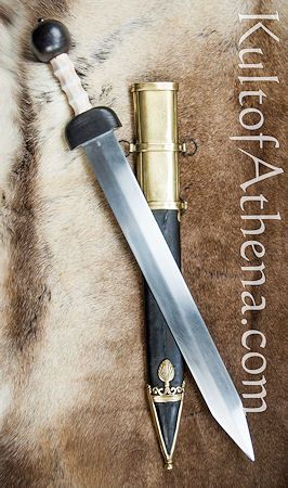 Del Tin Pompeii Roman Gladius. Overall Length: 27 1/2'' Blade: 20 1/4'', Weight: 1 lb 12.5 oz. The straight-edged Pompeii is the ‘’classic’’ gladius. Easier to manufacture than the Fulham or Mainz the Pompeii is a design that has done away with everything unnecessary and is an effective, utilitarian sword. It seems to have been the dominant Gladius pattern from about the mid 1st Century to the early 3rd Century A.D. Roman Gladius, Roman Shield, Knife Patterns, The Guard, Cool Swords, 1st Century, Hard Wood, Pompeii, Axes