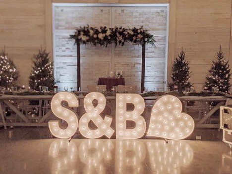 Alpha Lit Letters Wedding, Marquee Letters Wedding Receptions, Alpha Lit Letters, Marquee Letters Engagement Party, Marquee Letters At Wedding, Wedding Letter Lights, Wedding Big Letters, Bridal Shower Marquee Letters, Big Light Up Letters Wedding