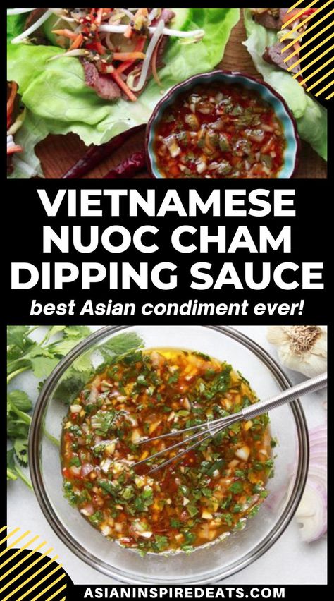 a bowl of reddish orange sauce with herbs and diced veggies Cham Dipping Sauce, Sauce For Spring Rolls, Vietnamese Sauce, Vietnamese Dipping Sauce, Asian Salads, Spring Roll Sauce, Nuoc Cham, Asian Dipping Sauce, Asian Sauces